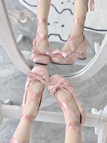 Pink Elegant Bow at Top Mary Janes With Dual Detachable Buckle Ankle Straps
