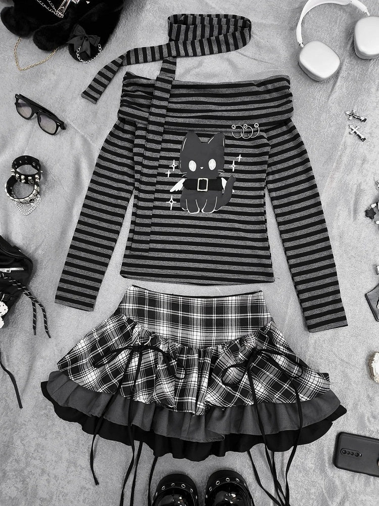Bittersweet Kitten Print Off-the-shoulder Neckline Black and Gray Striped Top with Scarf