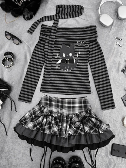 Bittersweet Kitten Print Off-the-shoulder Neckline Black and Gray Striped Top with Scarf