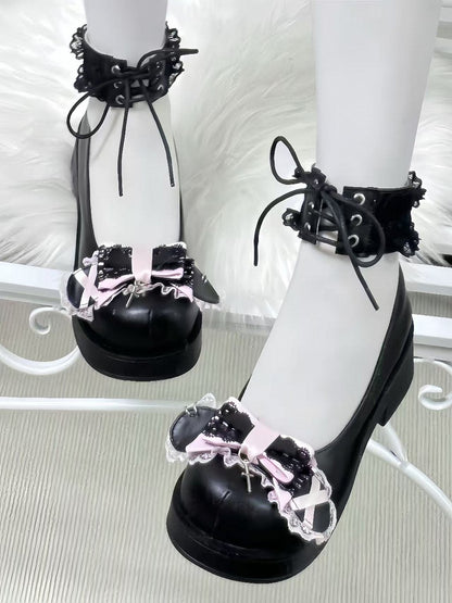 Landmine Style Black Mid-Heel Mary Janes: Pink Bow with Dangling Cross & Ankle Lace-Up