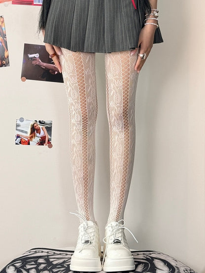 Black/White/Brown/Purple Y2K Cut-out Design Rosette Pattern Tights