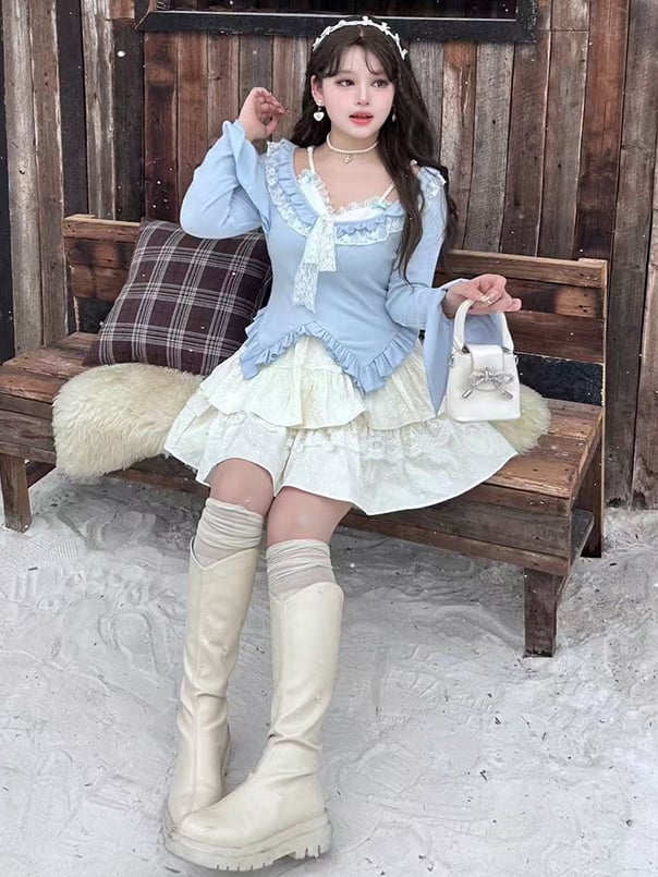 Plus Size Light Blue Fake Two-piece Design Ruffle Trim V-neck Long Sleeves Top