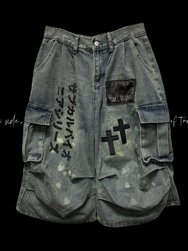 Wasteland Punk Light Blue Cross Appliques Distressed Wide-leg Cargo Jeans
