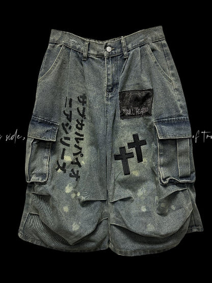 Wasteland Punk Light Blue Cross Appliques Distressed Wide-leg Cargo Jeans