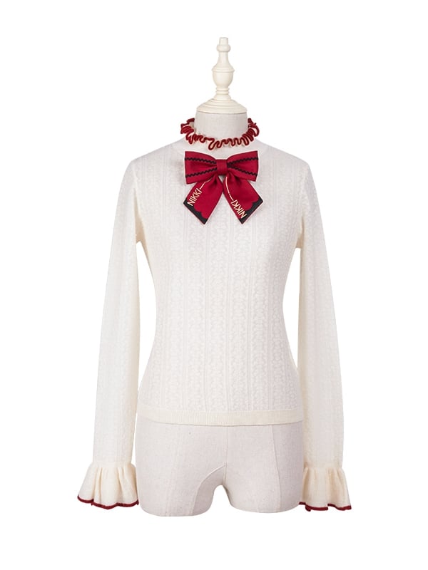 Aprioct Ruffle Neckline Long Sleeves Top with Red Bowknot