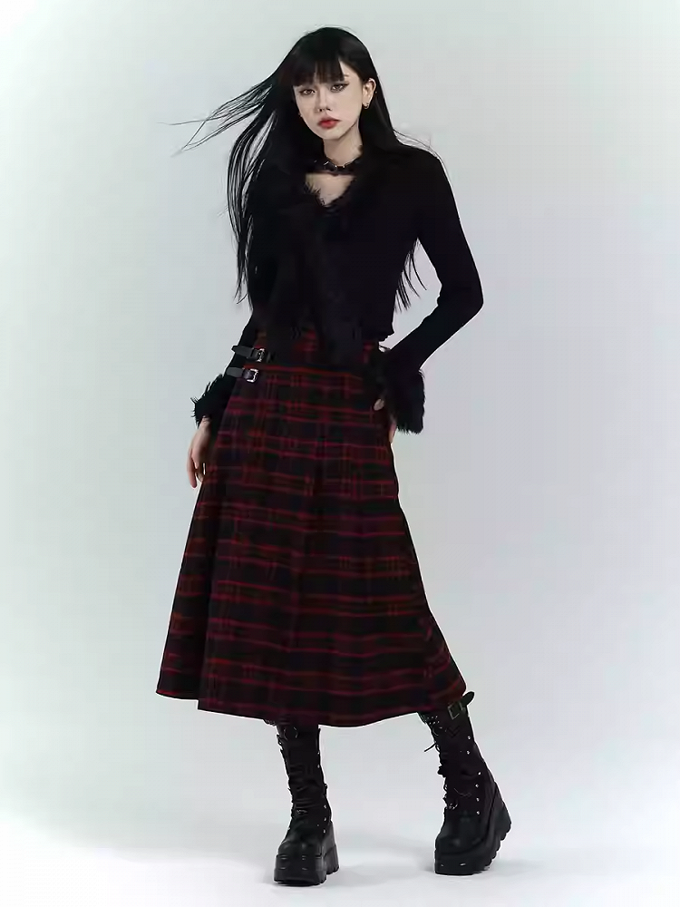 Black & Red Plaid  Double Buckles Midi Length Skirt