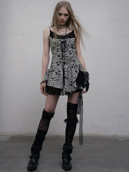 Black&White Glamorous Self-tie Strap Lace Trim Heart Print Asymmetrical Hem Cami Dress