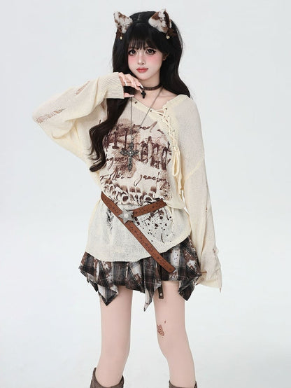 Lace-up Neckline Ink-jet Print Black/Apricot Distressed Holes Knit Coverup