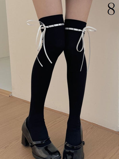 8 Options White/Black Overknee Stockings With Self-tie Straps