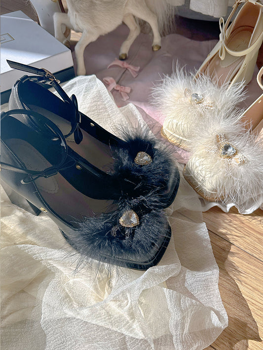 Heart-shaped Rhinestone Black High Block Heel Mary Janes