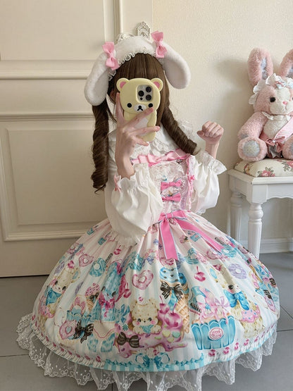 Teddy and Ice Cream Print White Sweet Lolita Jumper Skirt
