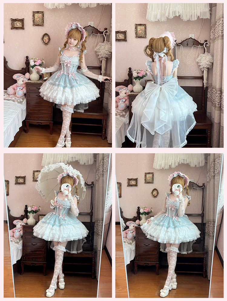 Light Blue Flutter Sleeves Three-layered Tiered Skirt Balletcore Sweet Lolita Jumper Skirt