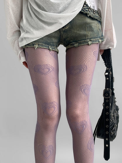 Purple/Beige/Red Heart Print Hollow-out Design Tights