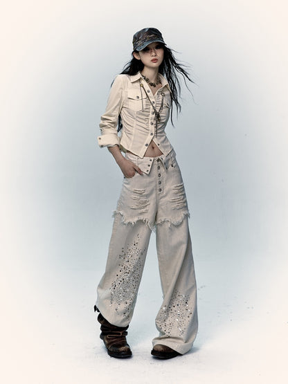 Apricot Wide-Leg Distressed Jeans with Rhinestone Details