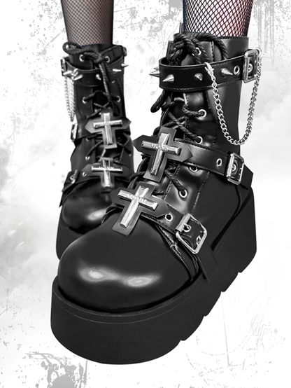Crosses Black Gothic Platform Boots Spike Studs Punk Boots