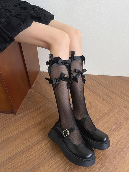White/Black Bowknot Details Semi-sheer Underknee Stockings