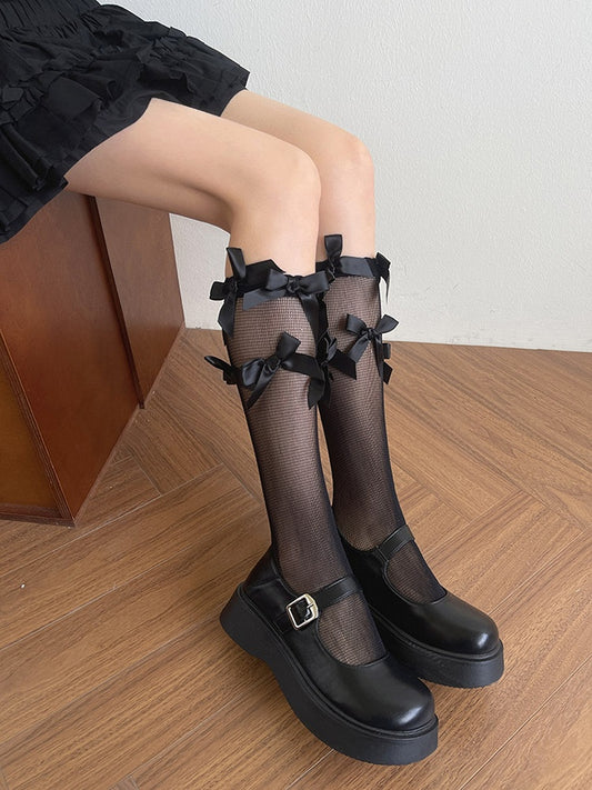 White/Black Bowknot Details Semi-sheer Underknee Stockings