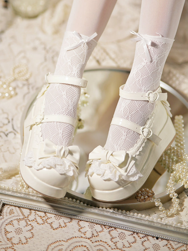 Milky White Bow at Top Lace Trim Heart Buckles Platforms