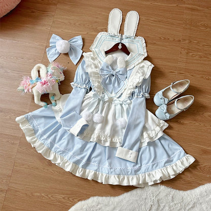 Bunny Ears Sailor Collar Blue Short Sleeves Maid Lolita Dress with White Apron