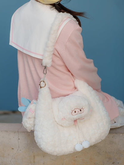 White Cute Little Lamb Plush Shoulder Bag With Pompons