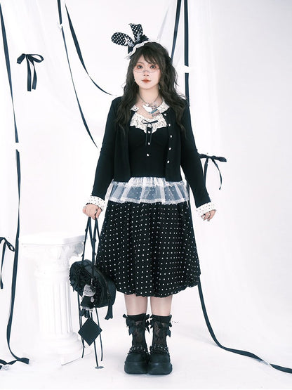Plus Size Black Below-Knee Skirt with White Polka Dots & Side Zipper