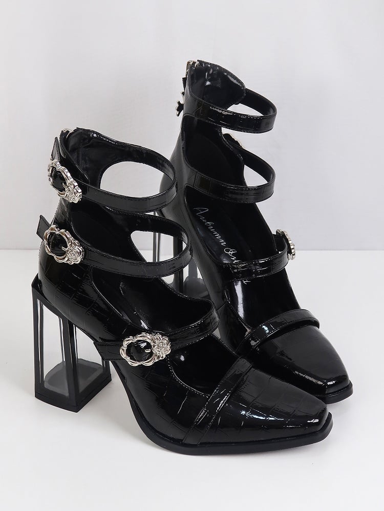 Clearance-Size 37 Polished Black Gothic 10CM Crocodile Buckle Straps High Block Heels