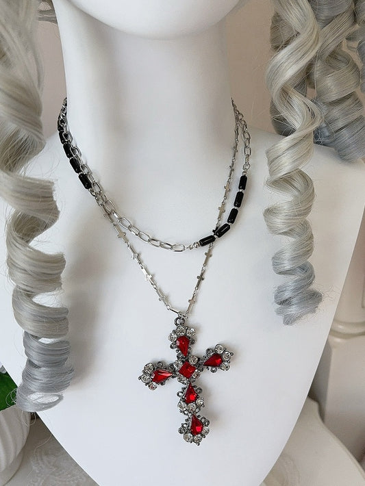 4 Colors Rhinestoned Cross Pendant Gothic Necklace
