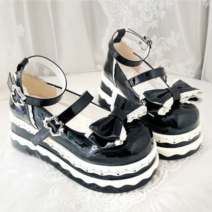 Lolita Cute Black Bowknot Cake Pattern Buckle Straps Platform Shoes