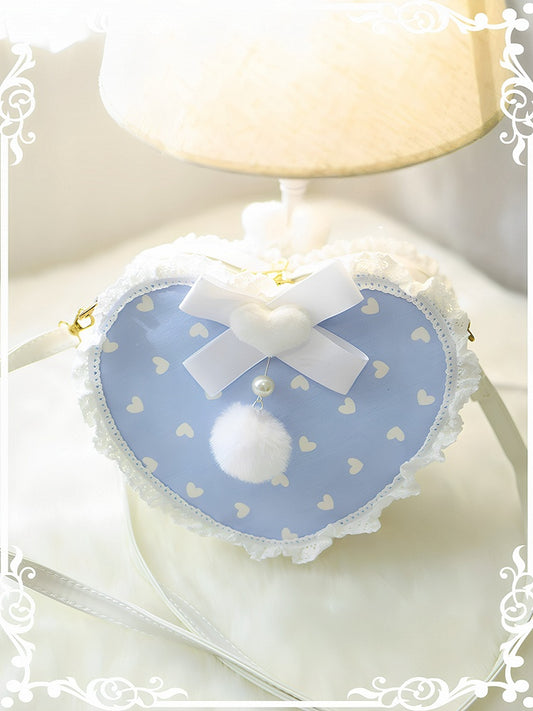 Blue Heart Pattern Beaded Decorated Plush Bunny Design Heart-shaped Crossbody Bag With Pompon