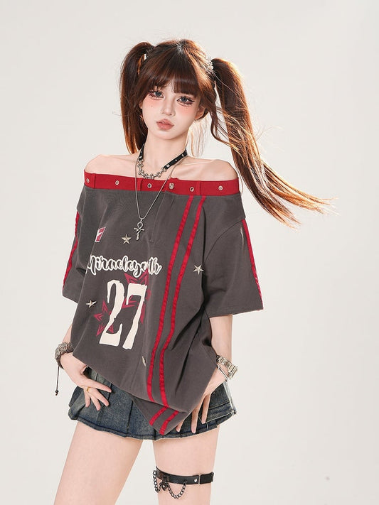 Gray Off-the-shoulder Neckline Number and Star Print Loose T-shirt