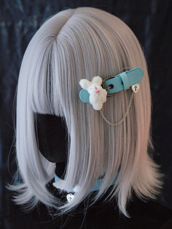 Handmade Plush Bunny Blue PU Buckle Hairclip with Chain