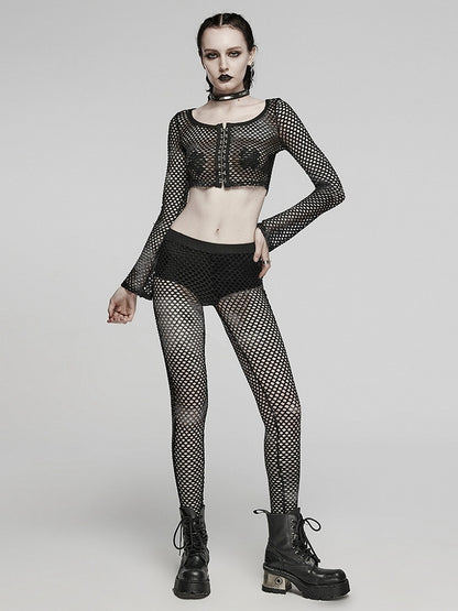 Black Punk Tie-dyed Mesh Long Sleeve T-shirt