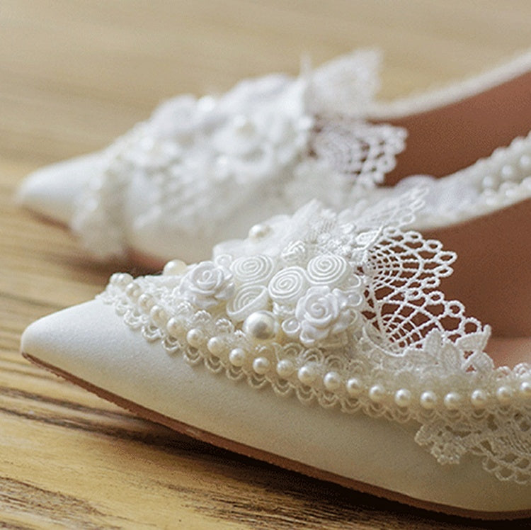 White Floral Design Bow Accent Beaded 5CM/7CM/9CM Hime Lolita Heels