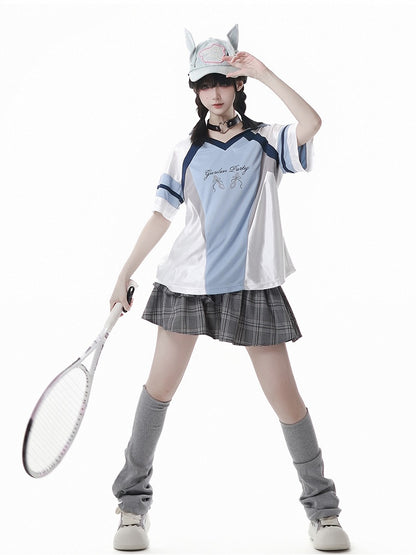 Blue Colorblock Design V-neck Blokette Core Hooded T-shirt