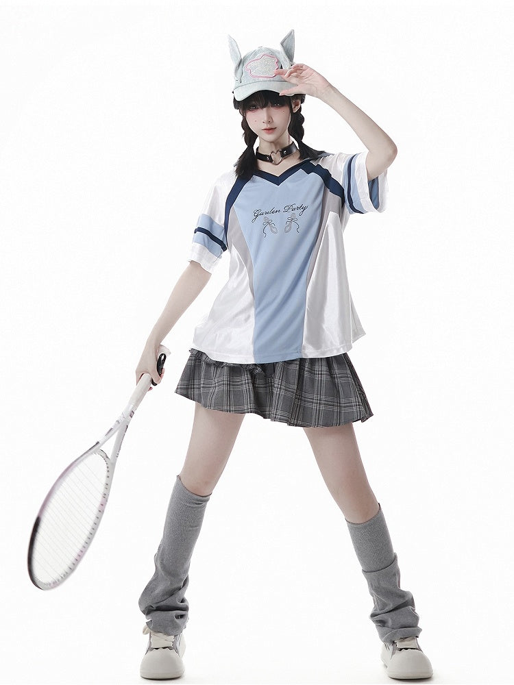 Blue Colorblock Design V-neck Blokette Core Hooded T-shirt