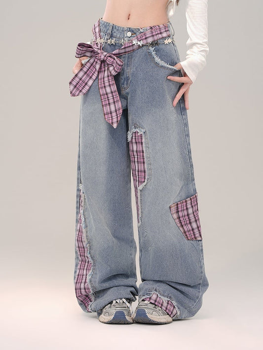 Clearance - Size S for Waist 66CM Rose Red Plaid Bowknot Wide-leg Cut Blue Jeans