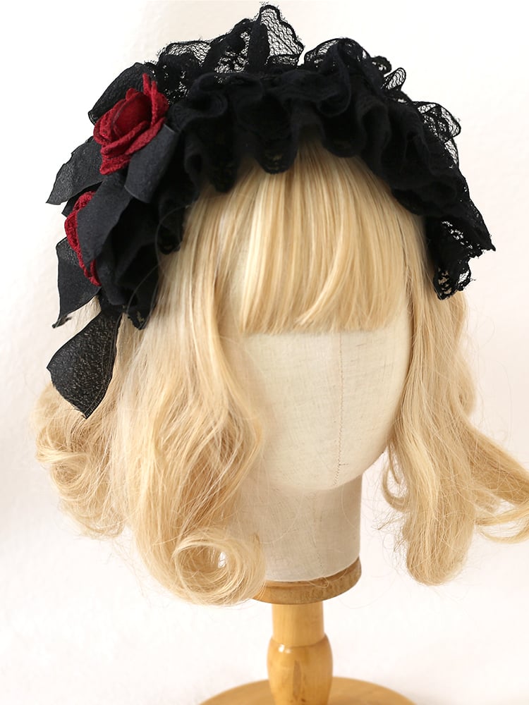 Rosette Design Gothic Black and Red Lace Bowknot KC