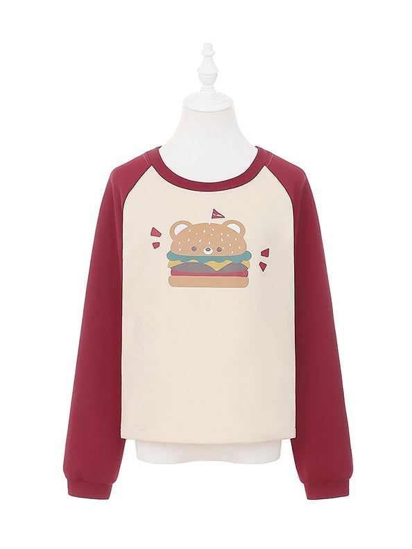 Apricot and Wine Red Colorblock Design Hamburger Print Sweatshirt