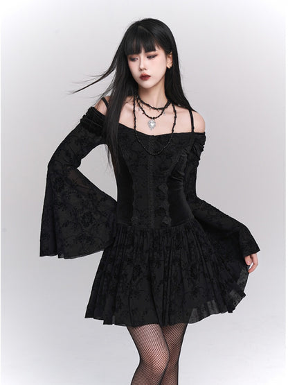 Black Gothic Velvet Off-the-shoulder Neckline Bell Sleeves Lace Trim Dress