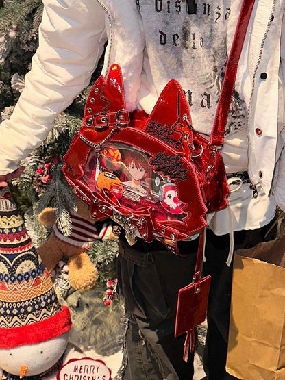 Bold Red Punk Cat Polished PU Tote Ita Bag with Free Card Holder