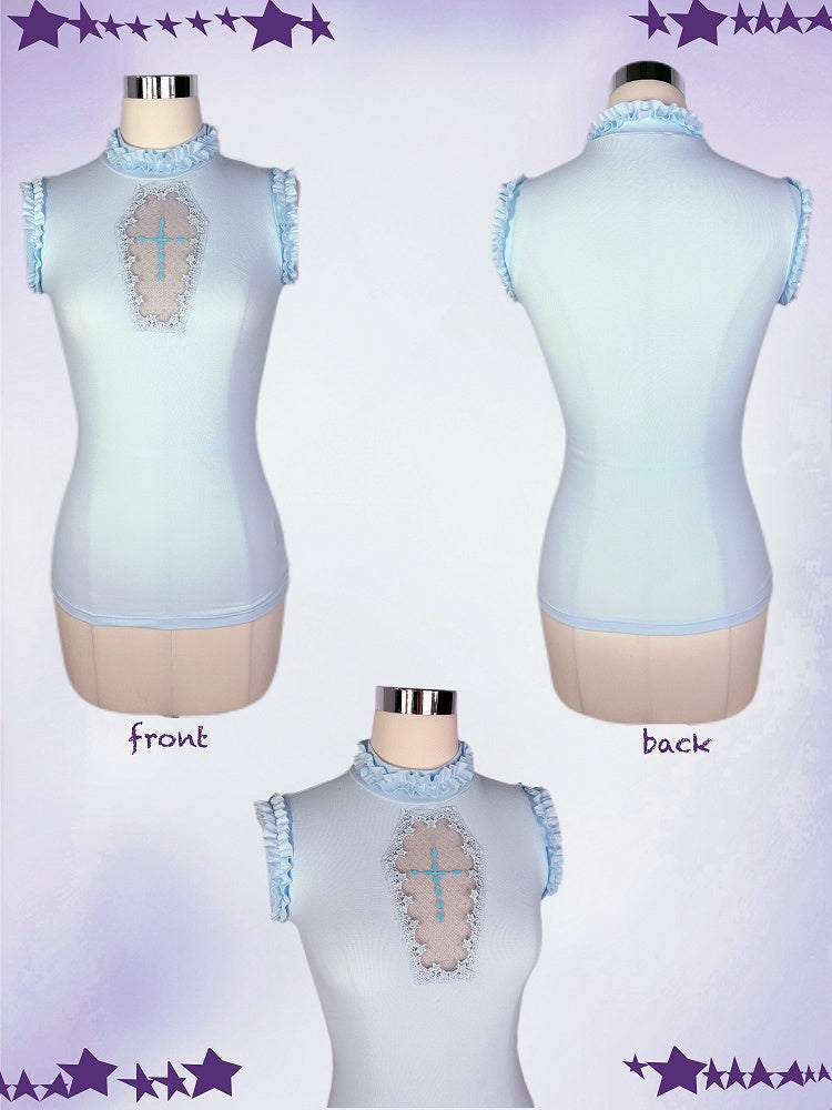 Light Blue Mock Neck Coffin-Shaped Cutout Pastel Goth Sleeveless Top