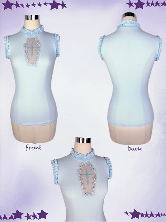 Light Blue Mock Neck Coffin-Shaped Cutout Pastel Goth Sleeveless Top