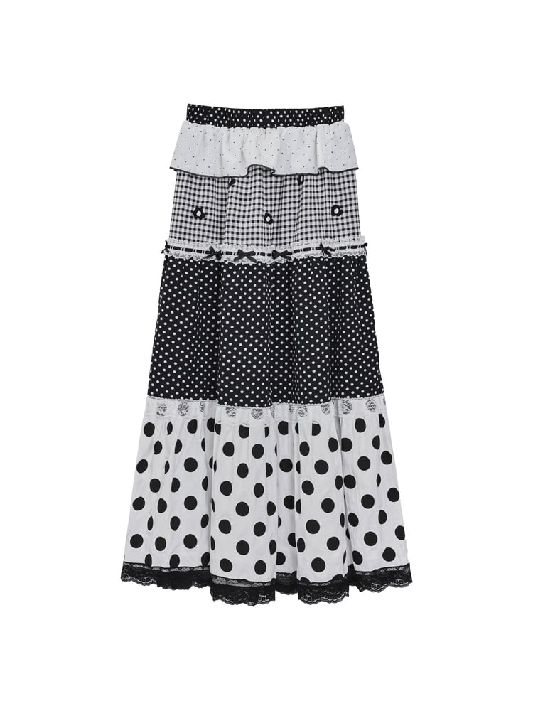 Black & White Polka Dot Panelled Maxi Skirt with Lace Trim