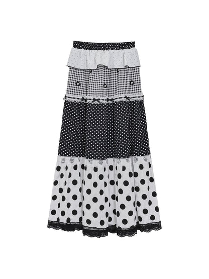 Black & White Polka Dot Panelled Maxi Skirt with Lace Trim