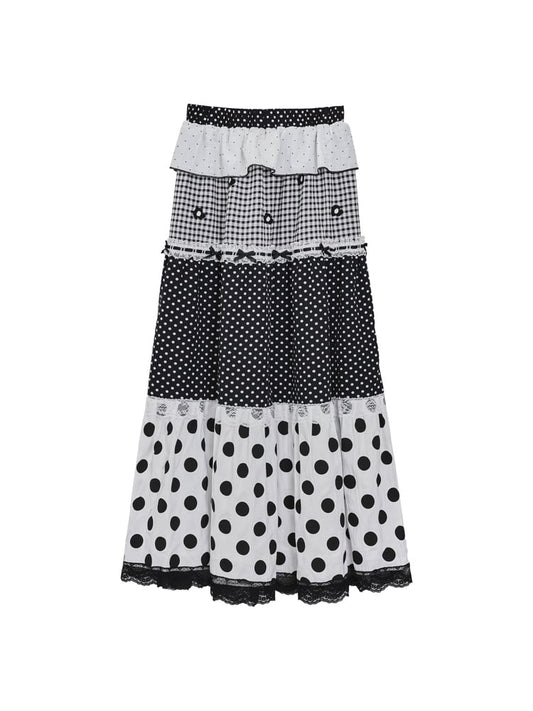 Black & White Polka Dot Panelled Maxi Skirt with Lace Trim