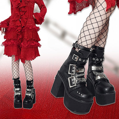 Black Punk Rectangle Metal Plates Buckle Straps Platform High Block Heels with Studs and Chain