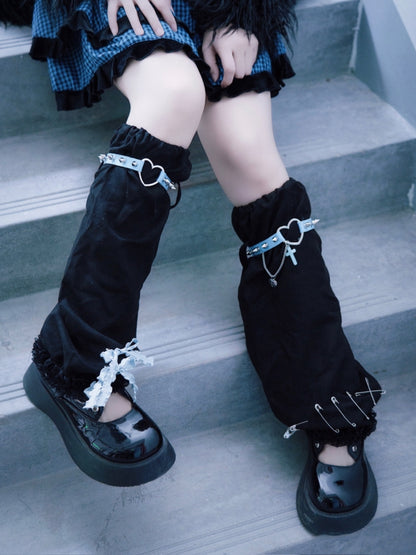 Pins and Studs Decorated Black and Blue Bowknots Gothic Leg Warmers