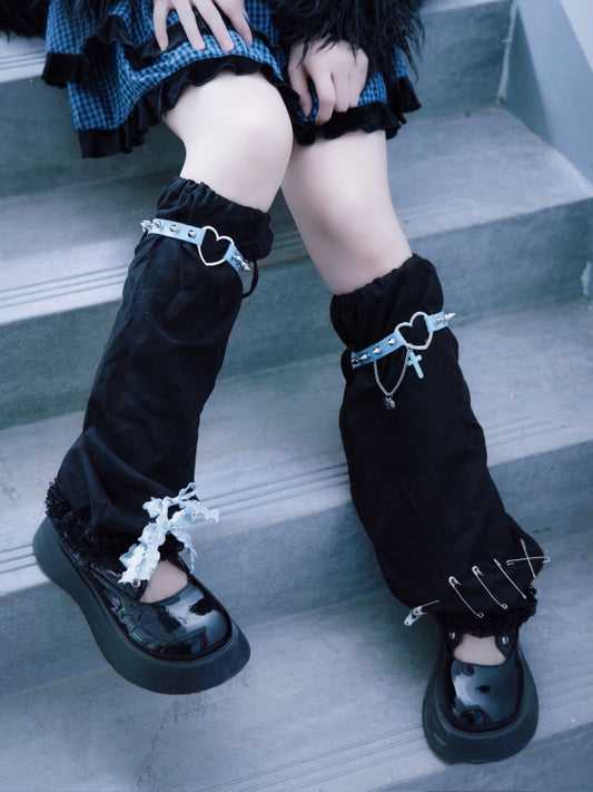 Pins and Studs Decorated Black and Blue Bowknots Gothic Leg Warmers