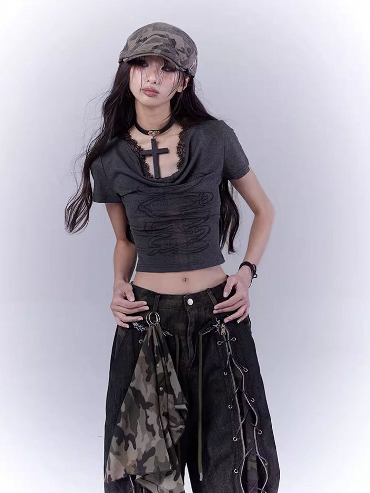 Dark Gray Cowl Neckline Cross Cutout Detail T-Shirt