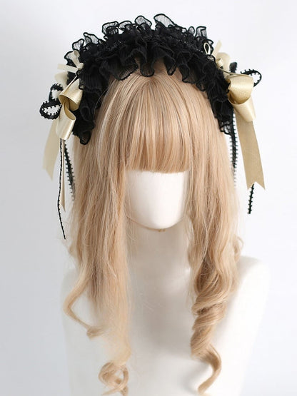 Black&Gold Sweet Lolita Bowknot Details Polka-dot Pattern Ruffled Hairband